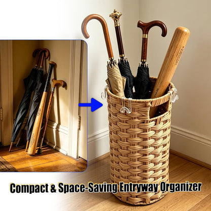 Rattan Umbrella Stand with Drip Tray - Hand Woven Entryway Umbrella Holder | Freestanding Small Rattan Rack Organizer with 4 Hooks for Folding Umbrellas & Canes, 7.5"L x 7.5"W x 16.5"H