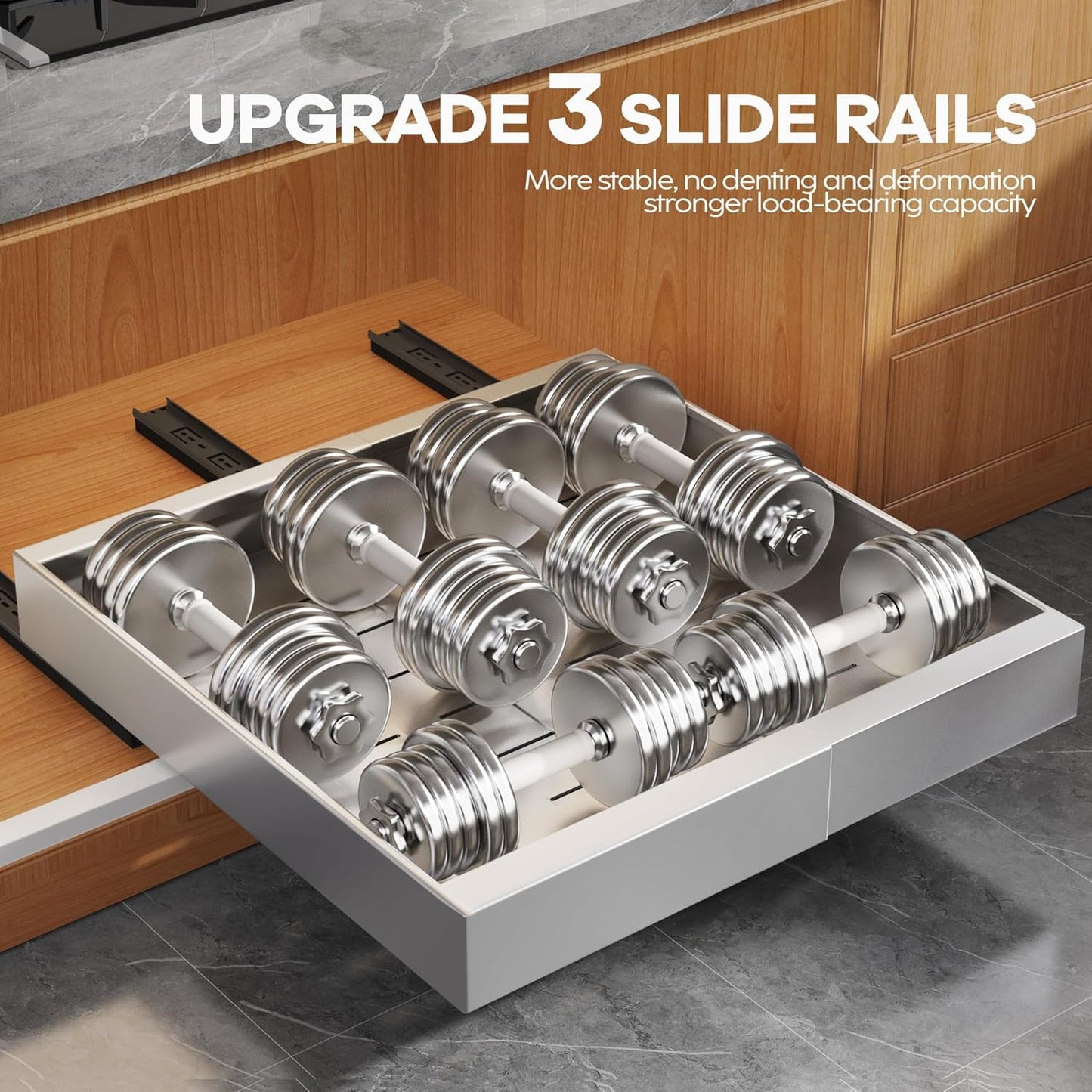 Seinloes 2Pack Expandable Pull Out Cabinet Organizer 21"Deep With Raising Pad for Framed Cabinets, Upgrade 3 Slide Rails Slide Out Drawers, Roll Out Shelves Adhesive,Adjustable Width 12.05"-20.4"White