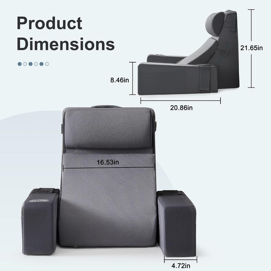 Reading Pillow for Bed with Adjustable Armrests and Side Pockets, Back Pillow for Bed Sitting Up, Sit Up Pillow, and Bed Pillows for Sitting Up, Ideal for Reading, Watching TV and Relaxing, Light Gray