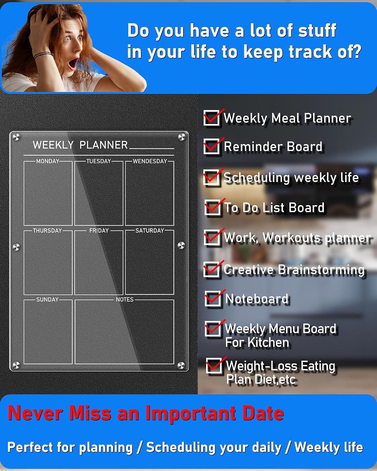 Weekly Acrylic Magnetic Calendar Dry Erase Board for Fridge, 12x16 in | Clear Weekly Planner Whiteboard for Refrigerator, Durable Material, Powerful Magnets, Smooth Writing and Easy Cleaning