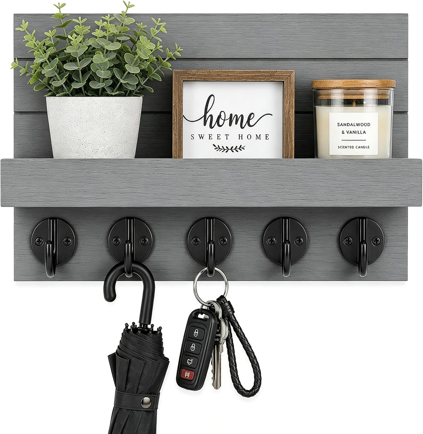 Key Holder for Wall, Decorative Key and Mail Holder, Key Holder Wall Mount with Shelf and Large Hooks, Easy Installation Key Rack for Entryway and Home Decor