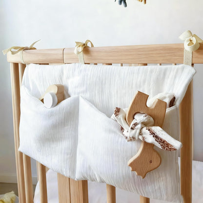 Baby Bedside Hanging Storage Bag Muslin Cotton Teddy Bear, Crib Diaper Caddy Organizer 2 Pockets, Nappy-Dormitory Nursery Organization Holder for Cribs, Playard or Wall Milk Bottle Bib Organizing