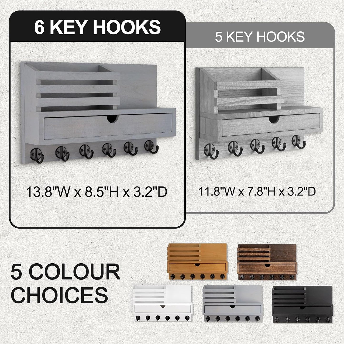 Key Holder Wall Mount, Mail Holder with Storage Drawer | Key and Mail Holder with 5 Key Hooks for Coat, Dog Leash, Home Decor Rack, House Accessories, Entry Way Organizer