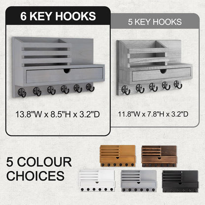 Key Holder Wall Mount, Mail Holder with Storage Drawer | Key and Mail Holder with 5 Key Hooks for Coat, Dog Leash, Home Decor Rack, House Accessories, Entry Way Organizer