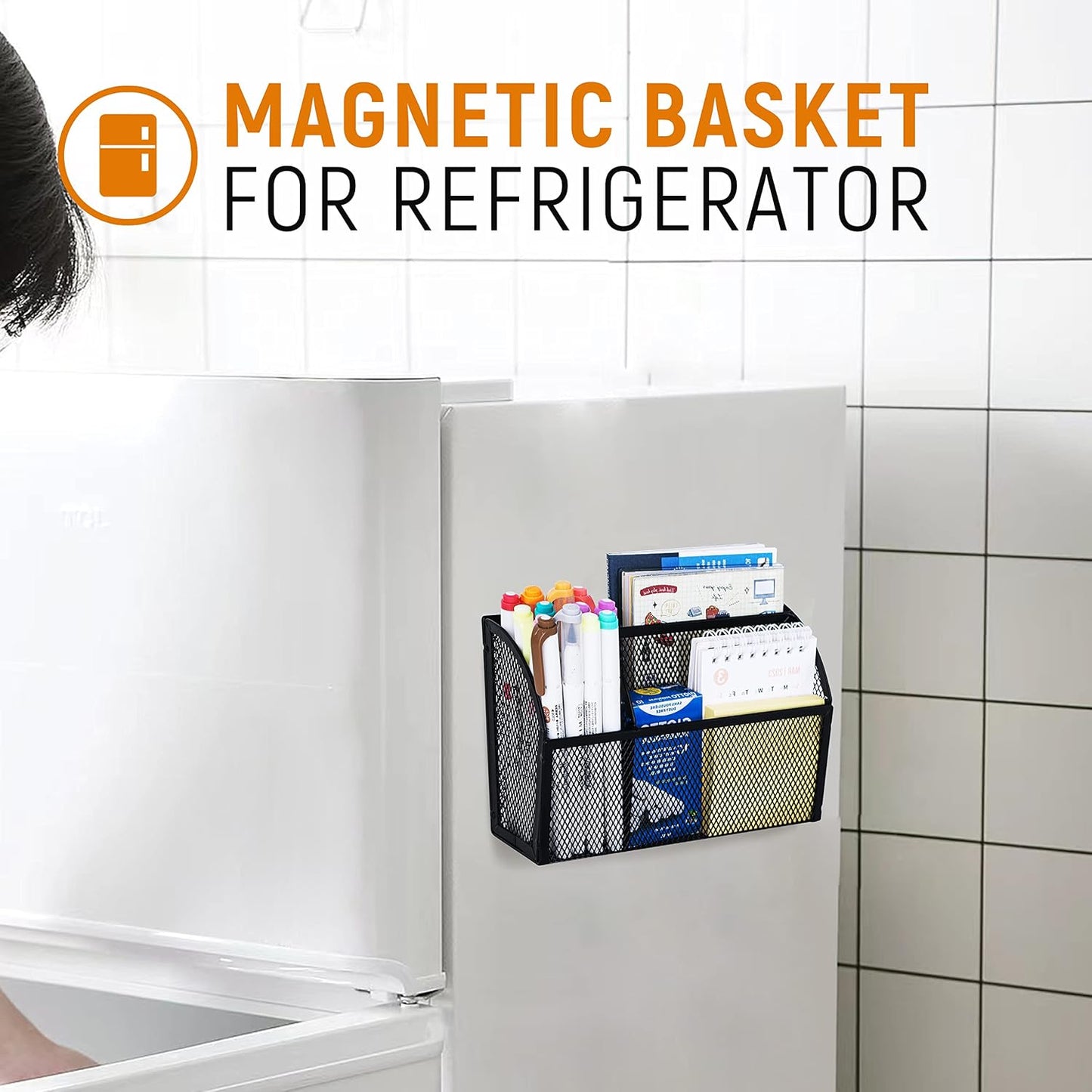 3-Grid Magnetic Pencil Holder, Strong Magnet Locker Organizer, Black | Mesh Magnetic Shelf, Marker Holder Perfect for Whiteboard, Refrigerator and Locker Accessories