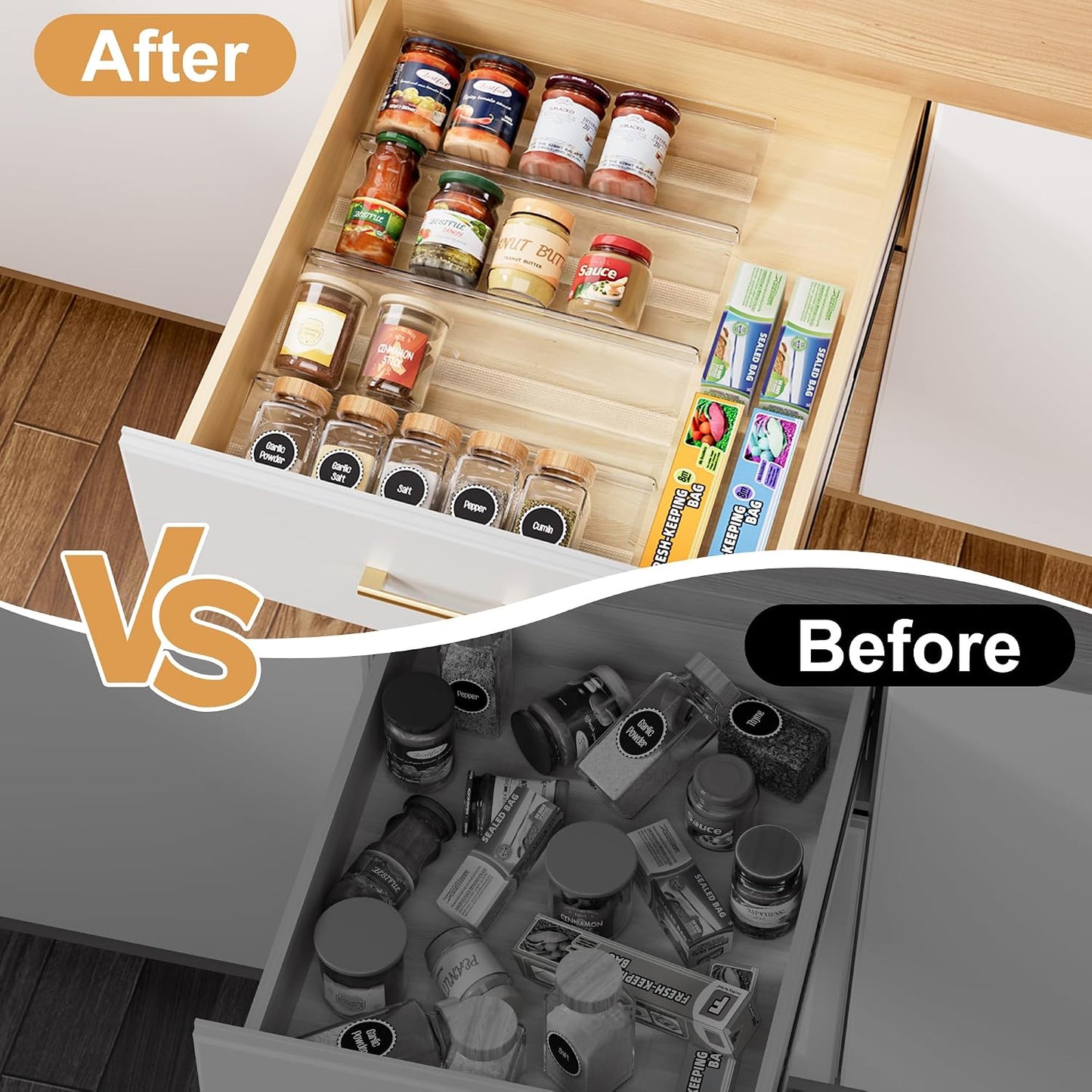 8-Pack Spice Drawer Organizer, Expandable Acrylic Seasoning Rack (13" to 26") with Anti-Slip Mat, Kitchen Spice Rack Holds up to 56 Jars (Jars Not Included)