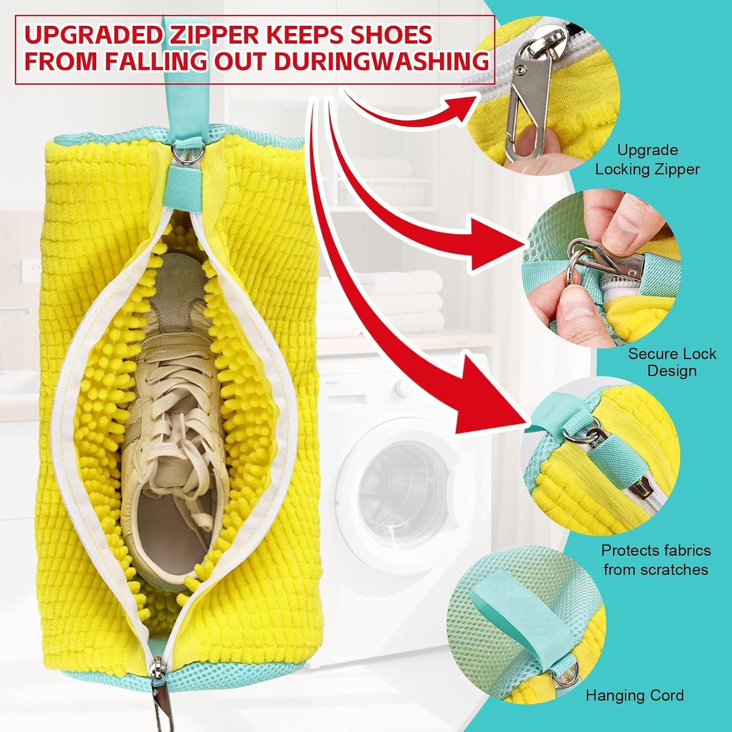 Shoe Washing Machine Bag Reusable Sneaker Washing Bag with Built-in Fluffy Brushes for 360° All-Around Cleaning, Laundry Shoe Bag is Designed for Washer and Dryer （Yellow 2pcs）