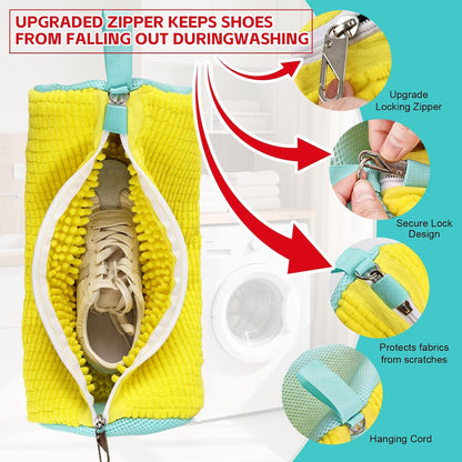 Shoe Washing Machine Bag Reusable Sneaker Washing Bag with Built-in Fluffy Brushes for 360° All-Around Cleaning, Laundry Shoe Bag is Designed for Washer and Dryer （Yellow 2pcs）