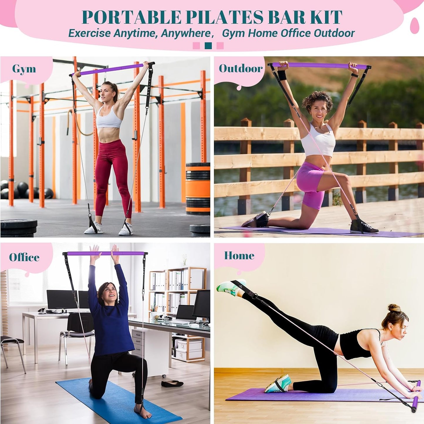 Pilates Bar Kit with Resistance Bands, Multifunctional Yoga Pilates Kit | Heavy-Duty Metal Adjustment Buckle, Portable Home Gym Pilates Resistance Bar Kit for Women Full Body Workouts