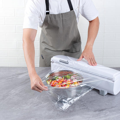 Restaurantware-Chef 101 Food Wrap Dispenser with Cutter, 1 Refillable Cling Wrap Dispenser - Fits 12” to 18” x 1000’ Rolls, Press Down and Cut, White Plastic Aluminum Foil, Sharp Blade