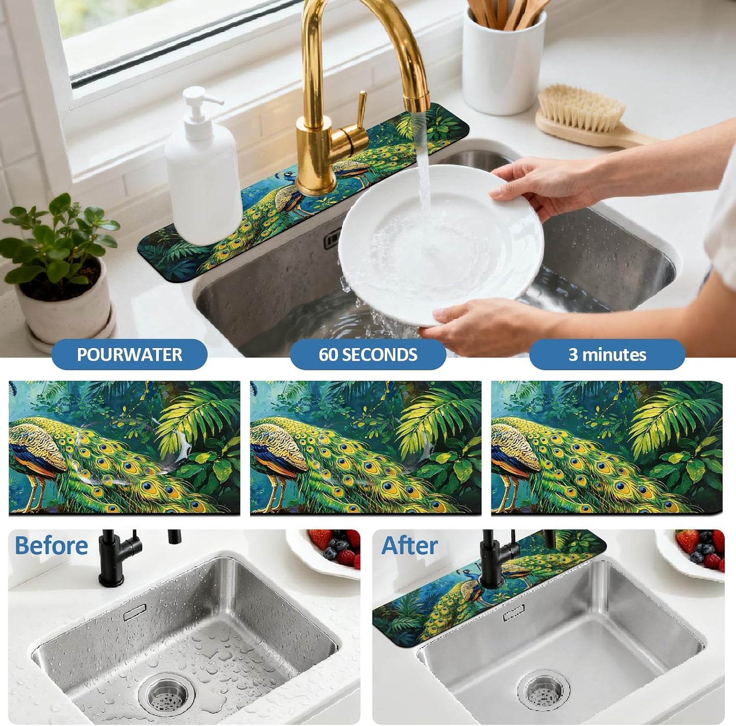 2Pcs Peonies Kitchen Sink Splash Guard Faucet Mat Vintage Florals Faucet Mat For Bathroom Kitchen 5.5x23.6In