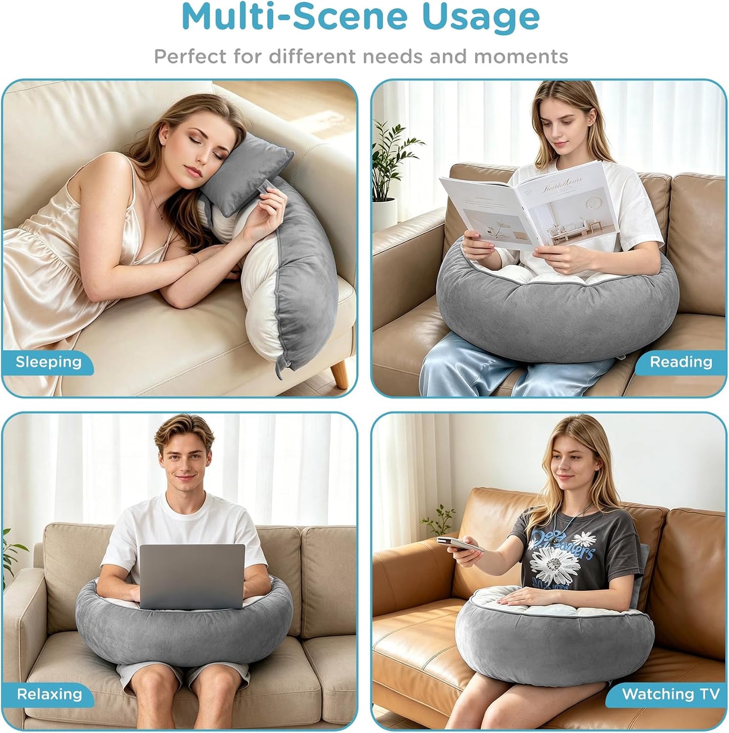 Ergonomic Reading Pillow with Arm & Back Support, U-Shaped | Long Round Lap Pillow, For Side Sleep, Crochet, Game, Work, Siting In Bed & Sofa, Short-pile Fabric, Memory Foam, Dark Grey