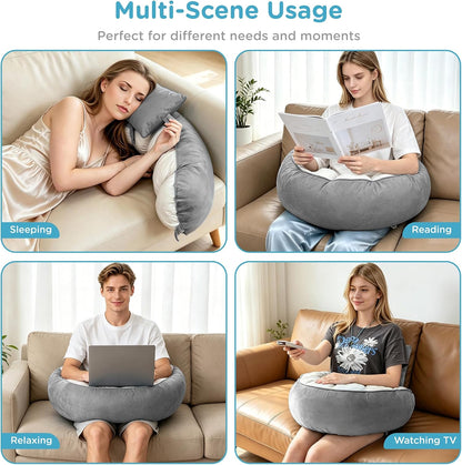 Ergonomic Reading Pillow with Arm & Back Support, U-Shaped | Long Round Lap Pillow, For Side Sleep, Crochet, Game, Work, Siting In Bed & Sofa, Short-pile Fabric, Memory Foam, Dark Grey