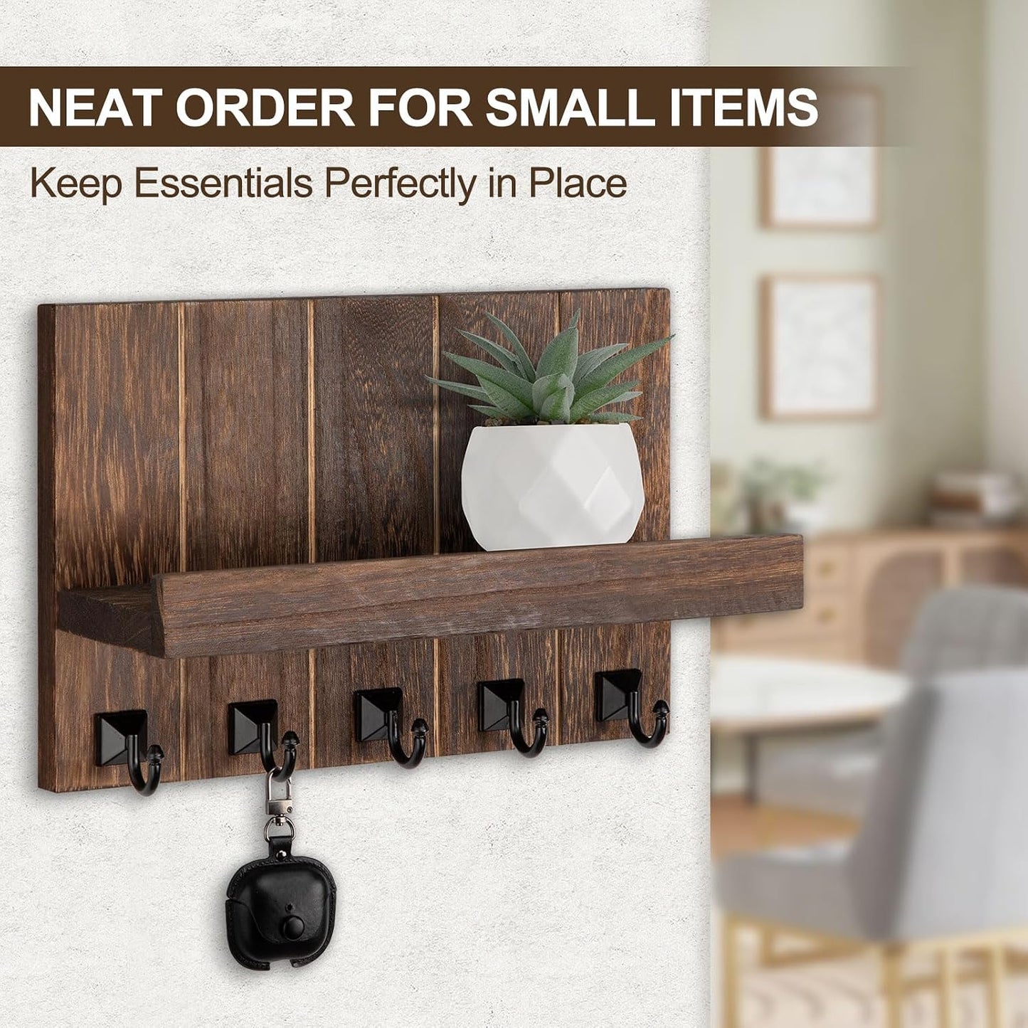 Key Holder for Wall, Decorative Key Holder with Shelf | Key and Mail Holder Wall Mount, Farmhouse Decor with 5 Key Hooks for Keys, Coats, ect.