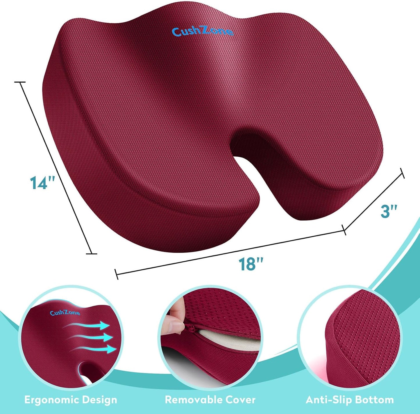 Gel Seat Cushion, Enhanced Memory Foam Cushion for Tailbone Pain, Black | Cooling Gel for Office Chair, U-shaped Design Chair Cushion for Gaming, Car, Wheelchair, Non-Slip Base, Washable Cover