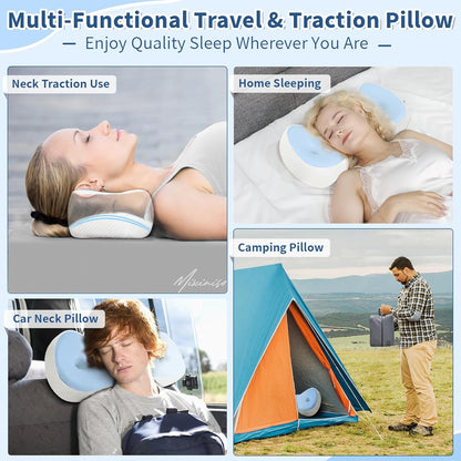 Cervical Neck Roll Pillow, Say Goodbye to Neck Pain, Travel Neck Support Pillow for Side Sleepers, Ergonomic Memory Foam Camping Pillow, Cervical Traction Device with Storage Bag