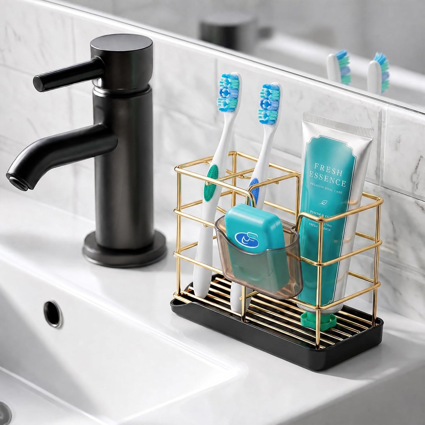 HBlife Toothbrush Holders for Bathrooms Black, Small Stainless Steel Bathroom Toothbrush Holder with Tray, Bathroom Accessories and Apartment Essentials