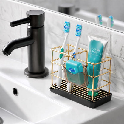 HBlife Toothbrush Holders for Bathrooms Black, Small Stainless Steel Bathroom Toothbrush Holder with Tray, Bathroom Accessories and Apartment Essentials