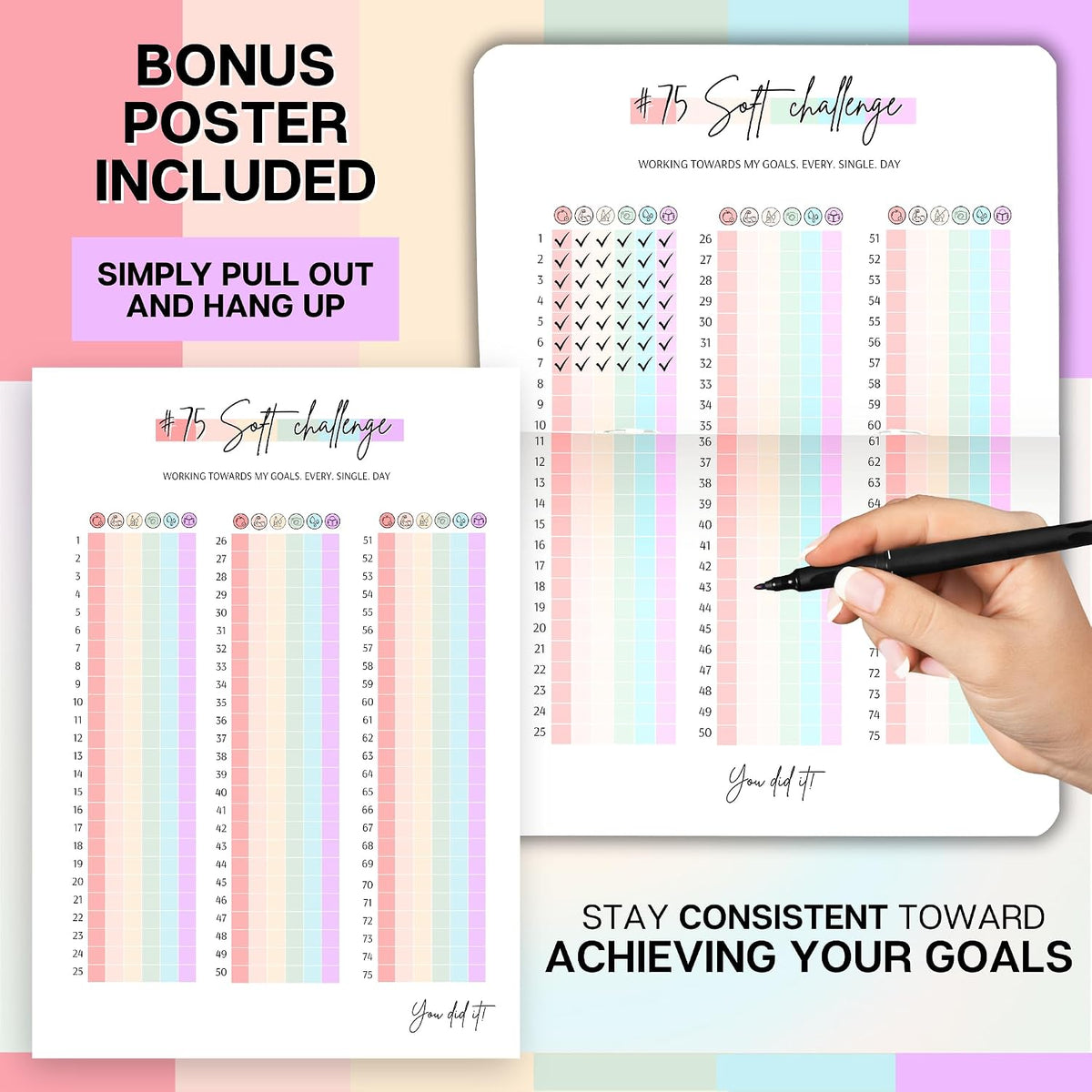 75 Day Challenge Tracker Notebook A5 | Colourful 75 Day Fitness & Habit Journal with Measurement Pages, Weekly Goal & Habit Tracker, Meal Planner, Bonus Pull-Out Poster, 120gsm Paper