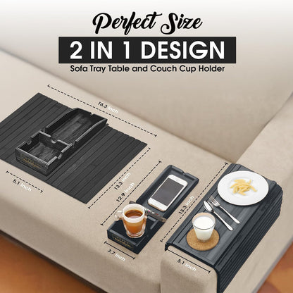 Bamboo Couch Cup Holder, 2 Cork Coasters, Anti-Slip Foldable Couch Arm Tray | 2 in 1 Foldable Sofa Arm Tray, Couch Armrest Table, Anti-Spill Couch Arm Table for Drinks TV Remote Cellphone Snacks