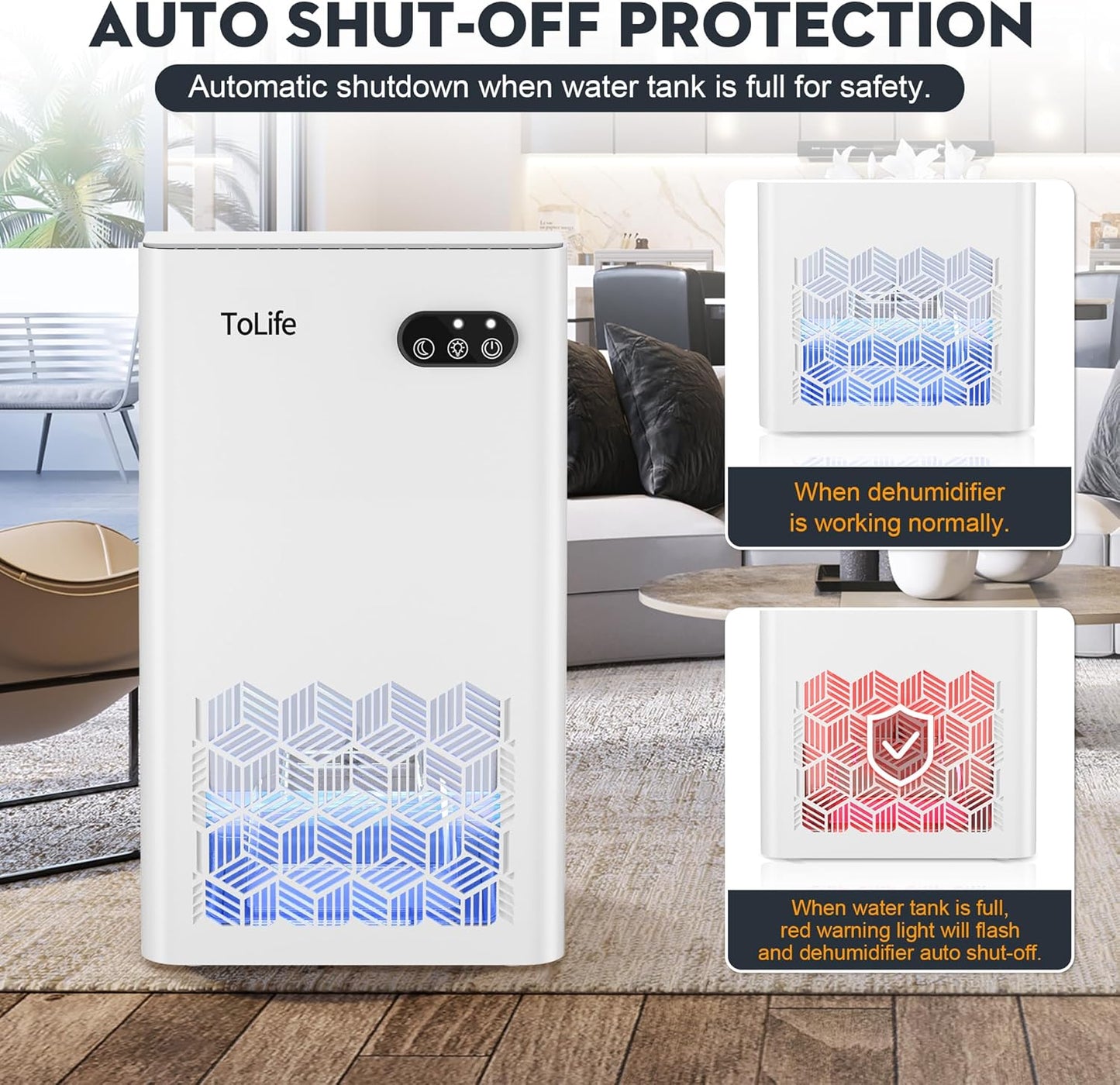 ToLife Dehumidifier for Home, 1000 sq.ft Dehumidifiers for Bedroom Bathroom Basement with 95 OZ Water Tank, Auto Shut Off 7 Colors LED Light, White Black