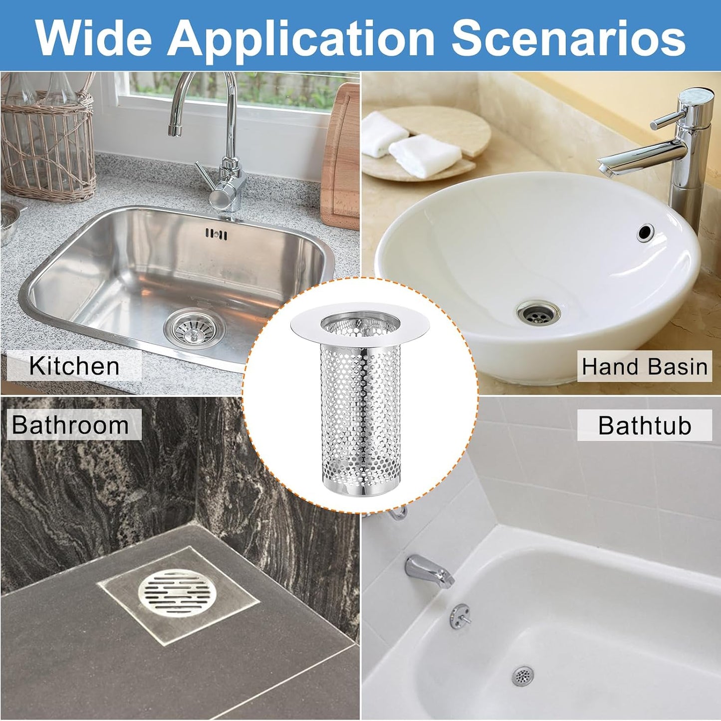 uxcell 2 Pack Shower Drain Strainer, 2" x 2.5" Stainless Steel Floor Drain Strainer Deep Sink Hair Catcher for Kitchen Bathroom Balcony Floor Drain, Fit Hole Size from 1.57" to 2.56"