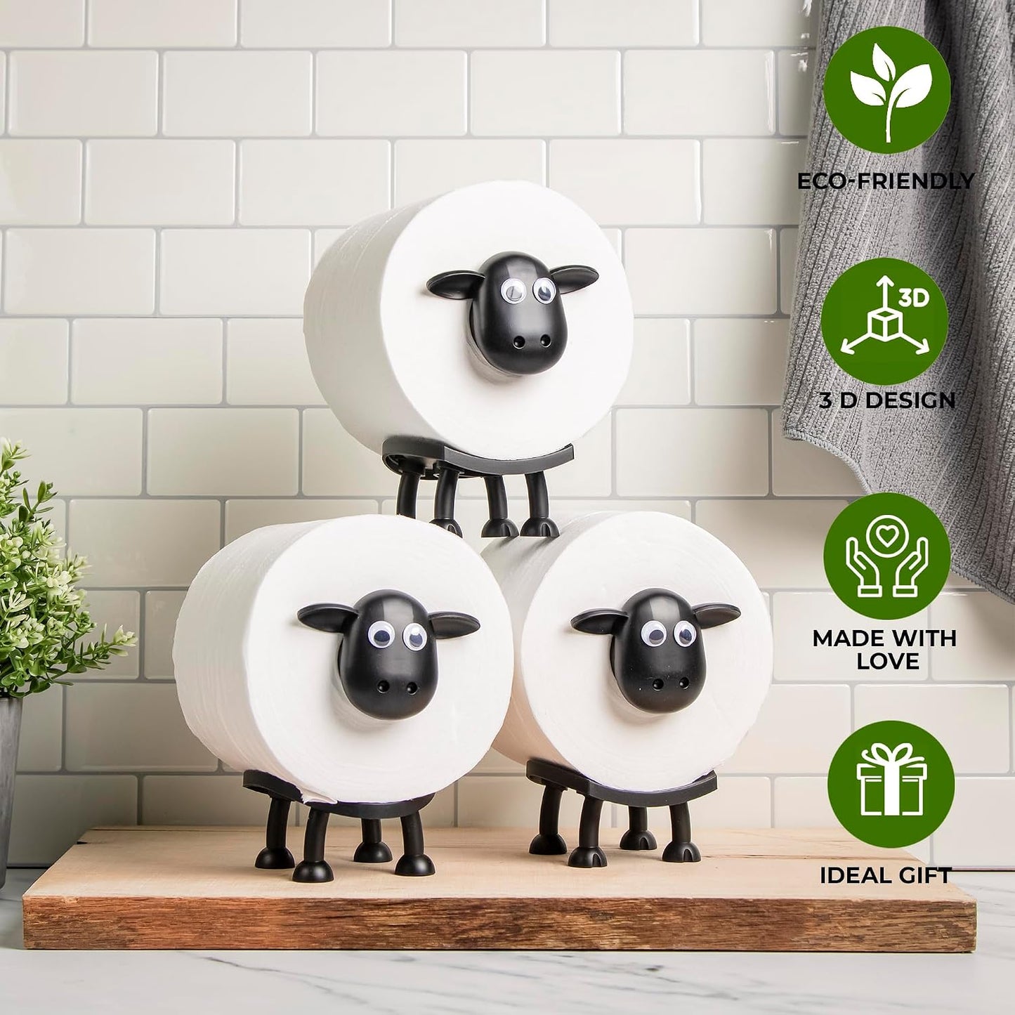 VELENTI Sheep Toilet Roll Holder - Funny Toilet Paper Holders Free Standing Cute Bathroom Decor - Premium 3D Printed Black Sheep Loo Rolls Holder - Hilarious Tissue Paper Roll Storage - Set of 3