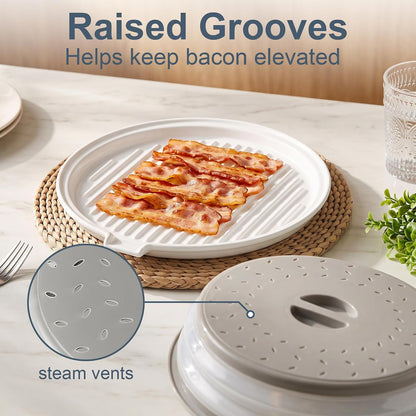 ONEMORE Microwave Bacon Cooker, 13" Ceramic Bacon Tray with Splatter Cover