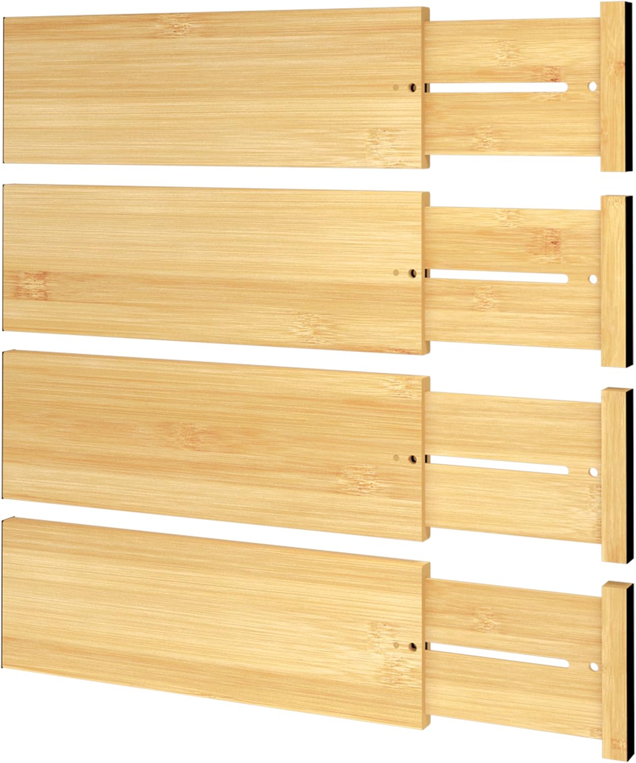 BAMEOS Bamboo Expandable Drawer Dividers – Fits 16.6"–22" Drawers, 2" High, Set of 4 | Spring-Loaded Bamboo Separator for Kitchen Island, Bathroom Vanity & Dresser Drawers