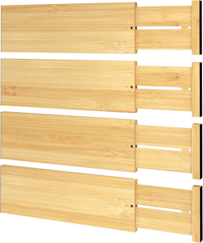 BAMEOS Bamboo Expandable Drawer Dividers – Fits 16.6"–22" Drawers, 2" High, Set of 4 | Spring-Loaded Bamboo Separator for Kitchen Island, Bathroom Vanity & Dresser Drawers