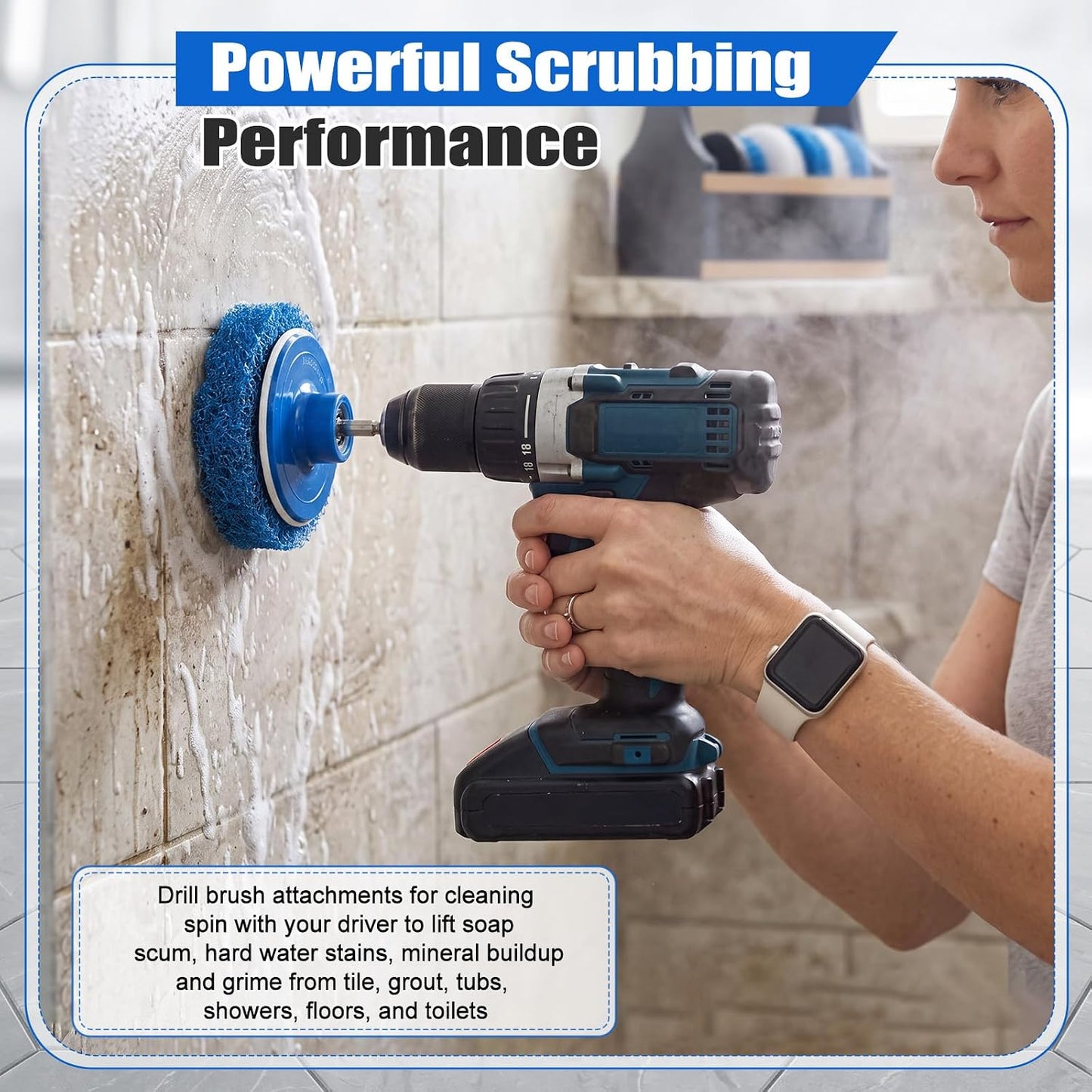 10 Pack 4 in Drill Powered Scrubber Pads Cleaning Kit | Drill Brush Attachment with Drill Brush, for Cleaning Bathrooms Showers, Tubs, Tile, Floors, Sinks, Toilets, Grime Removal