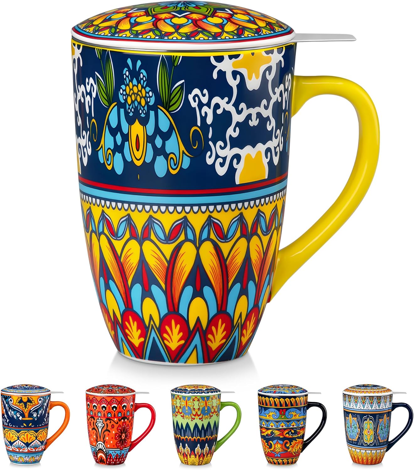 vancasso 18 Oz Tea Infuser Mug with Lid, Mint Petal Whirl | Eye catching Bohemian pattern, adds charm to any tea corner, ceramic mug with infuser, microwave and dishwasher safe