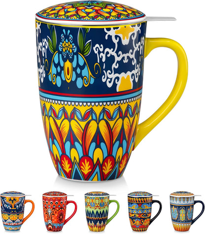 vancasso 18 Oz Tea Infuser Mug with Lid, Mint Petal Whirl | Eye catching Bohemian pattern, adds charm to any tea corner, ceramic mug with infuser, microwave and dishwasher safe