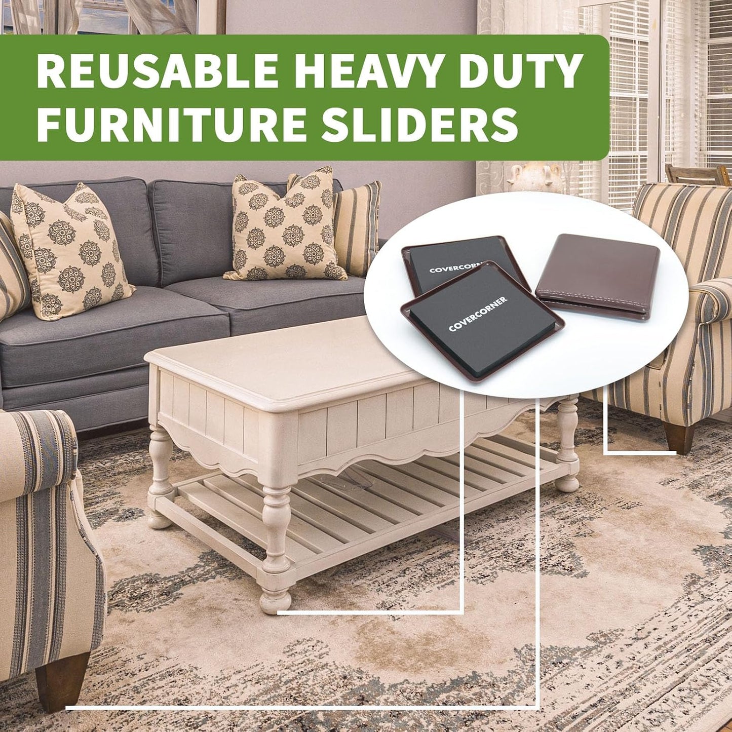 Furniture Sliders for Carpet and Hardwood, 8 PCS 3 1/2", Brown | Furniture Sliders for Hardwood Floors, Sliders for Moving Furniture, Furniture Movers Sliders, Combo Pack, Square