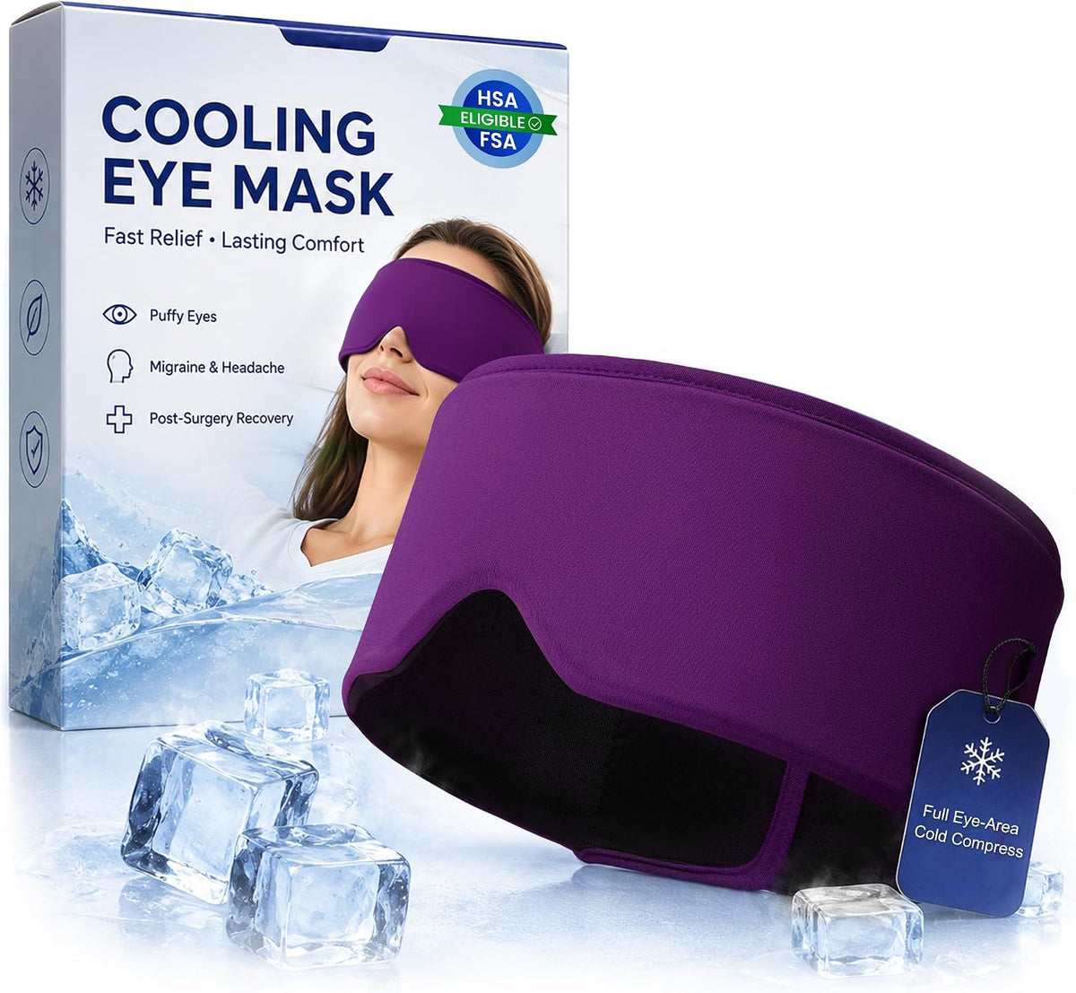 Cooling Gel Eye Mask for Puffy Eyes, Migraine & Headache Relief, Full Eye-Area Cold Compress for Eyes & Temples, FSA Eligible HSA Reusable Eye Ice Pack for Swelling & Post-Surgery Recovery