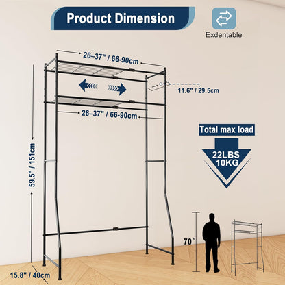 Laundry Room Storage Shelf & Organizer, 2 Tier Metal Over Washer and Dryer Shelves, Washing Machine Shelf with Hanger Rod, Expandable Bathroom Space Saver Shelf, 26–37" L x 15.8" W x 59.5" H, Black