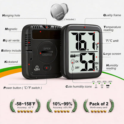 2 Pack Room Thermometer Indoor Hygrometer | Monitor Temperature & Humidity, Accurate, Fast Read, Easy To View, Magnetic/Kickstand/Hanging, ℉/℃, w/ Battery, Compact