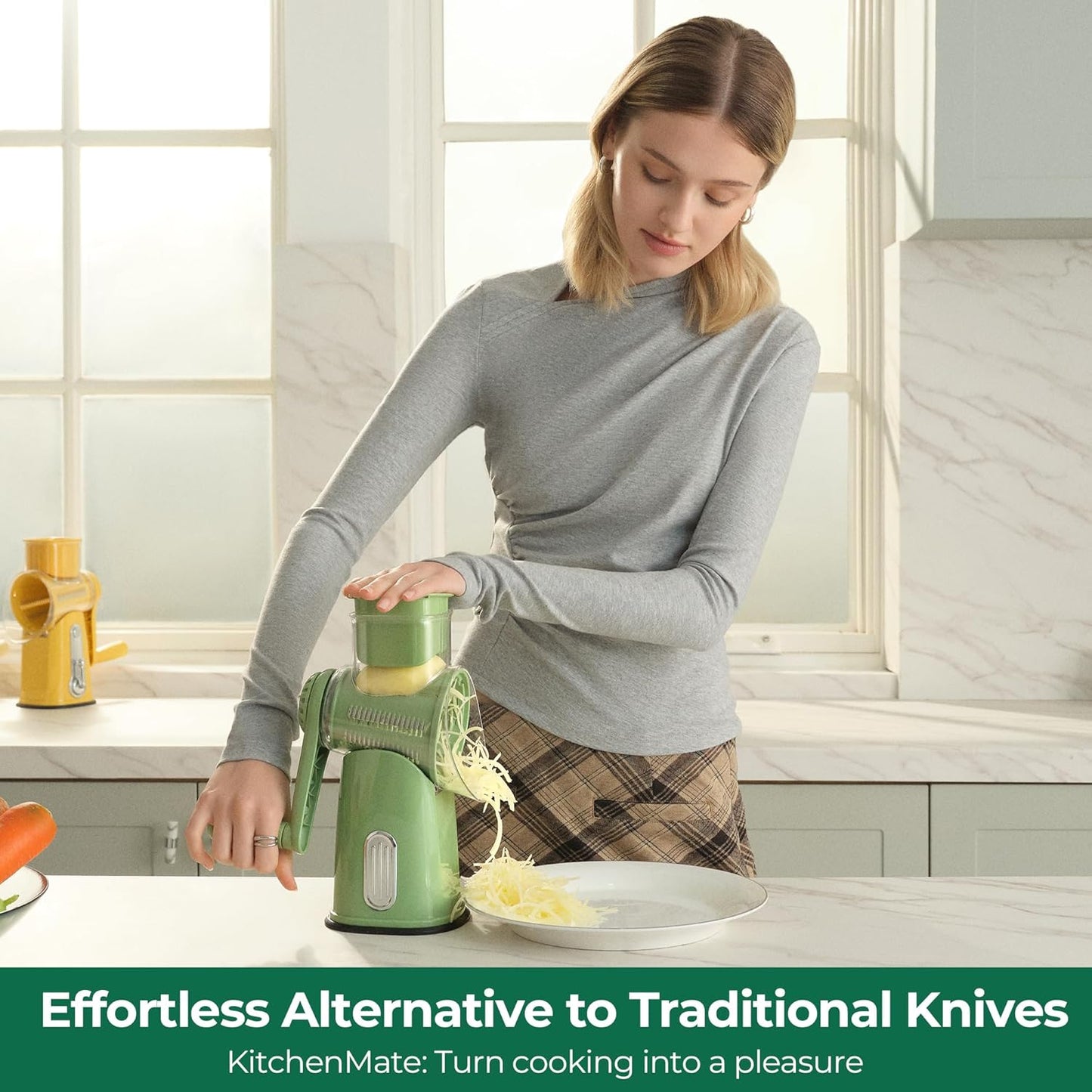 SUSTEAS Rotary Cheese Grater 5 Blades,Kitchen Mandoline Vegetable Slicer | White, Easy to Clean, Strong Suction Base, 5 Blades Storage Box, Round Mandoline Slicer & Food Chopper for Salad