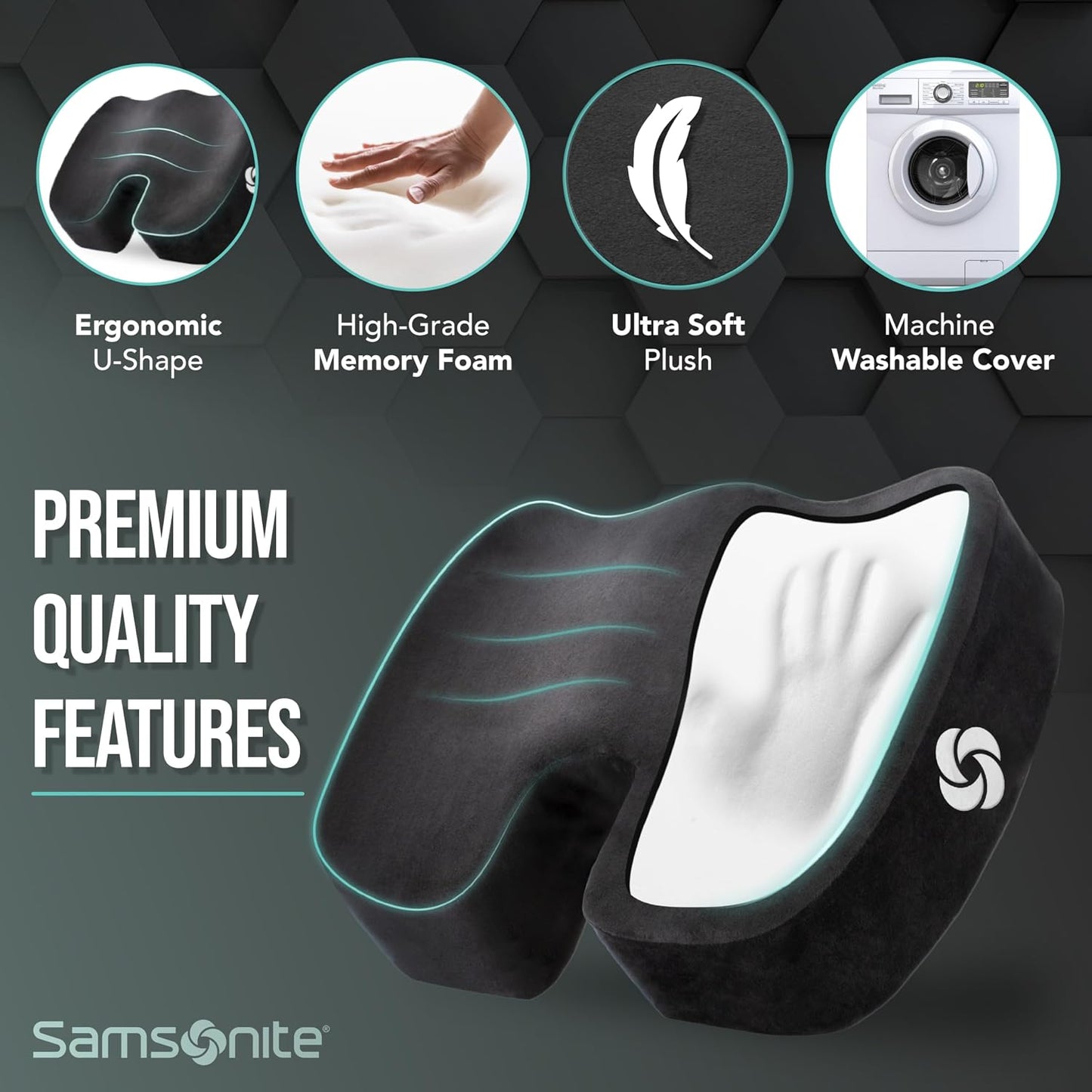 Samsonite Memory Foam Seat Cushion – Ergonomic Cushion for Office Chair, Tailbone Pressure Pad, Coccyx Support for Sciatica, Supportive Seat for Car, Desk, and Gaming Chairs, Black