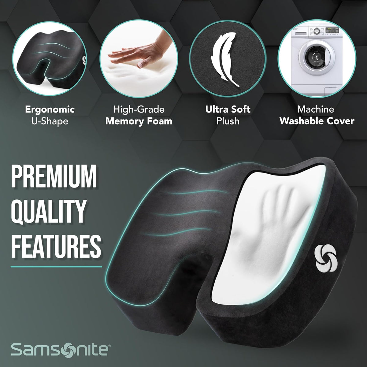 Samsonite Memory Foam Seat Cushion – Ergonomic Cushion for Office Chair, Tailbone Pressure Pad, Coccyx Support for Sciatica, Supportive Seat for Car, Desk, and Gaming Chairs, Black