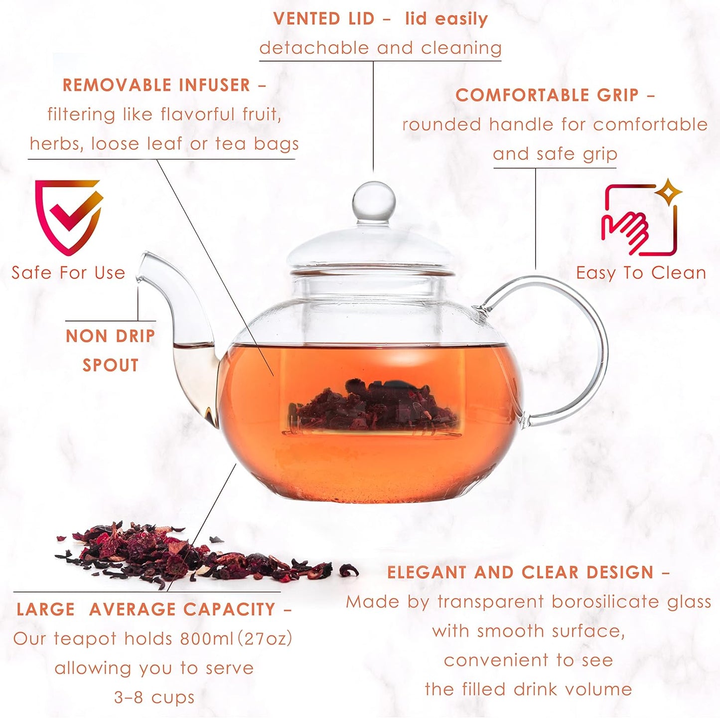 Moss & Stone Glass 27oz Tea Kettle Infuser & 4 Tea Cups Gift Set, Borosilicate Glass Teapot With Removable Glass Strainer & Teacups Of 2.7 oz, Teapot With Strainer Microwave Safe Tea Maker