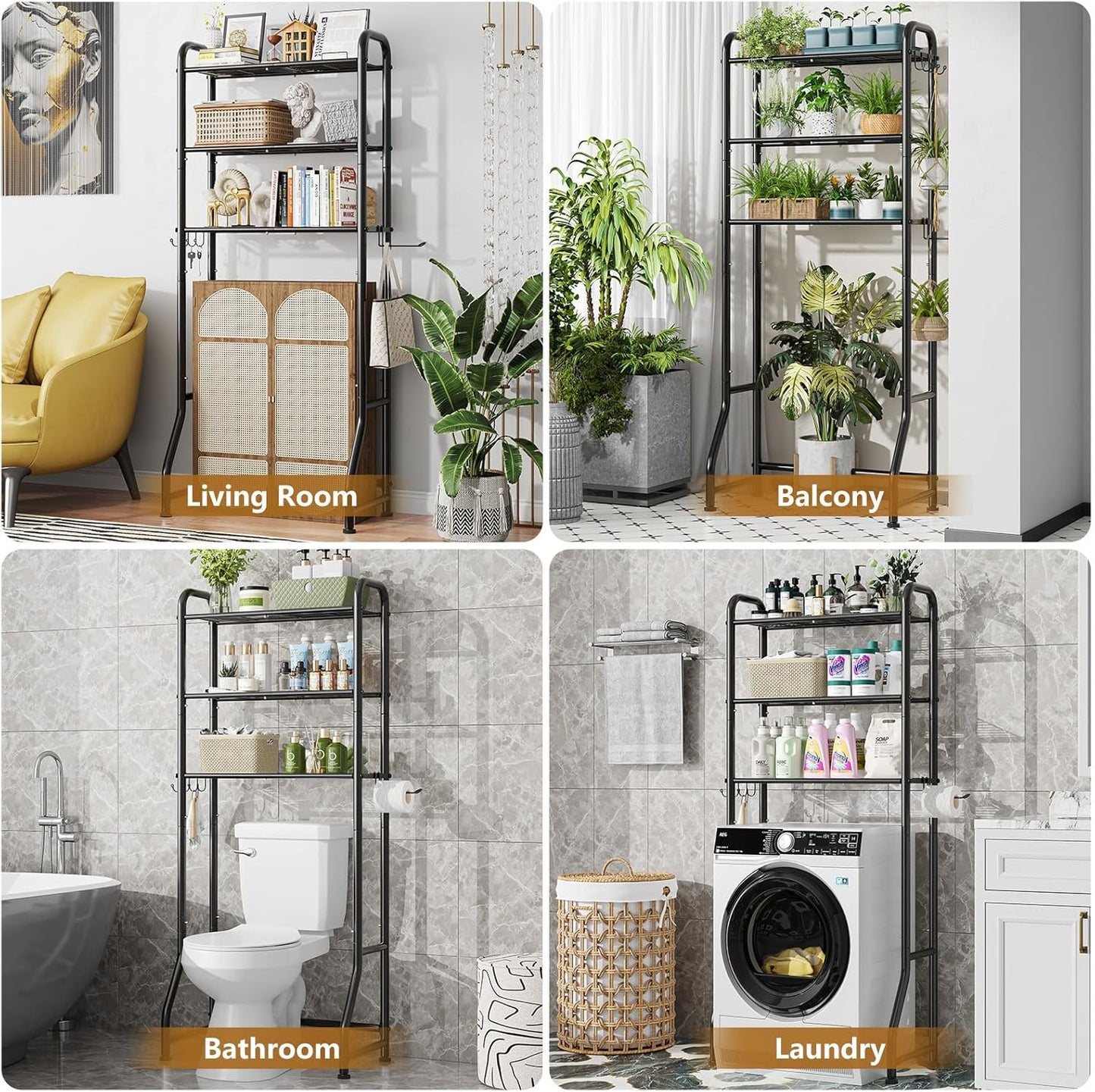 Simple Trending Over The Toilet Storage Cabinet, Metal Bathroom Shelf Organizer with Paper Holder and Hooks, 3 Tier, Black