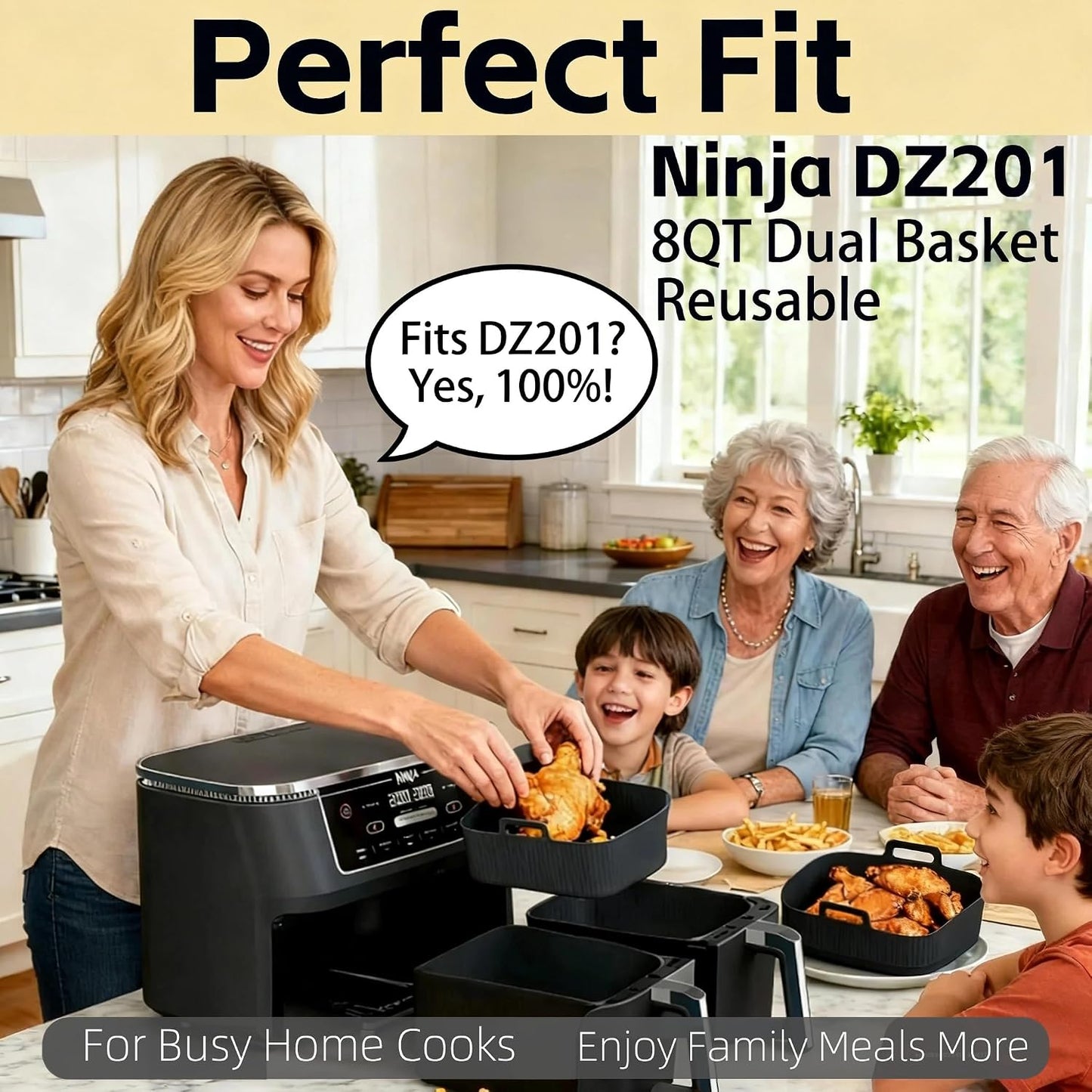 Silicone Air Fryer Liners for Ninja - Reusable DZ201 8QT Dual Basket - Rectangular 2-Pack Vacuum-Packed Easy-Clean Dishwasher-Safe Food-Safe for Home Chefs - Housewarming Gifts
