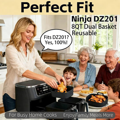 Silicone Air Fryer Liners for Ninja - Reusable DZ201 8QT Dual Basket - Rectangular 2-Pack Vacuum-Packed Easy-Clean Dishwasher-Safe Food-Safe for Home Chefs - Housewarming Gifts