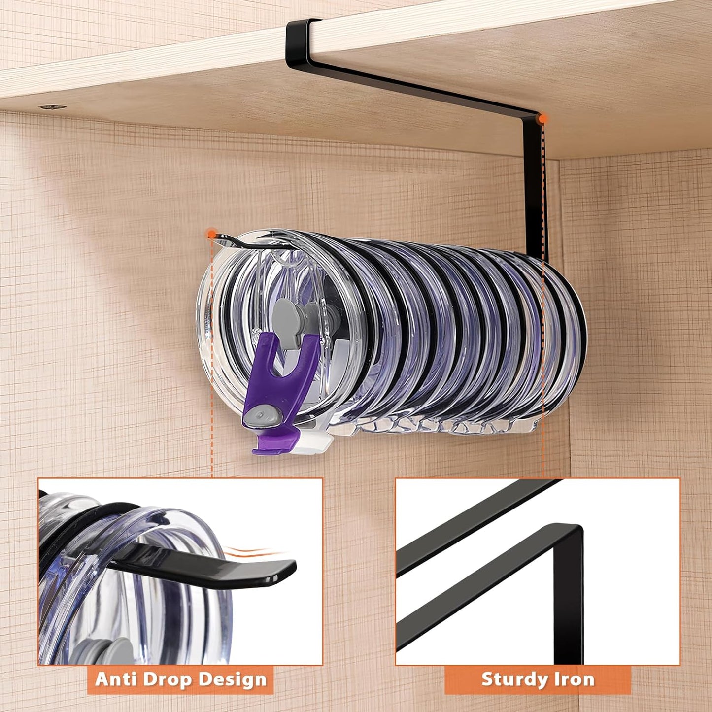 Tumbler Lid Organizer, Versatile Tumbler Lid Storage Holds 10 Lids, Black | Space Saving Cup Lid Organizers Inside Cabinet Tumbler Lid Hook for Kitchen Organizer and Storage, Paper Towel Rack Hanger
