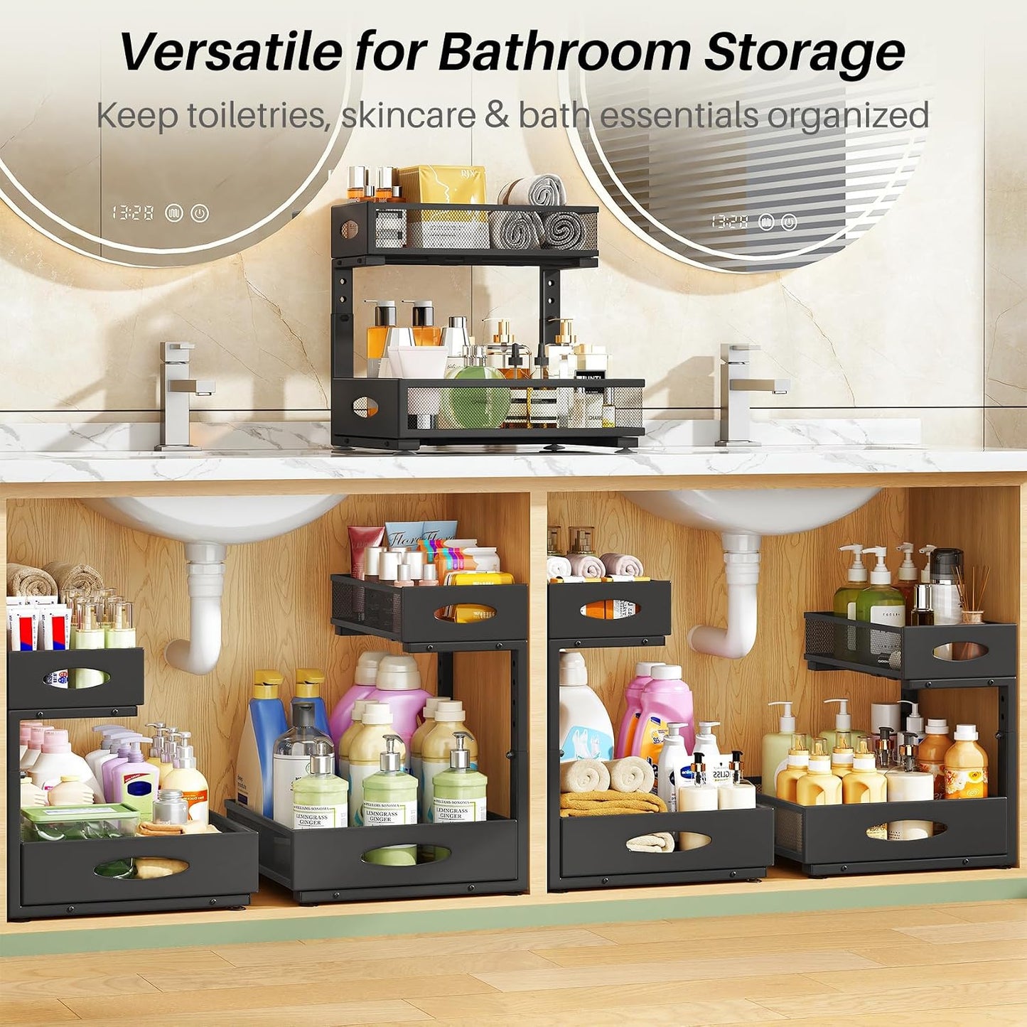 Under Sink Organizer, 2-Pack Pull Out Cabinet Organizer 2 Tier Metal Slide Out Storage Shelf Rack, L-Shaped Adjustable Height,Mesh Sliding Drawer for Kitchen, Bathroom, Laundry, Pantry, White, XL