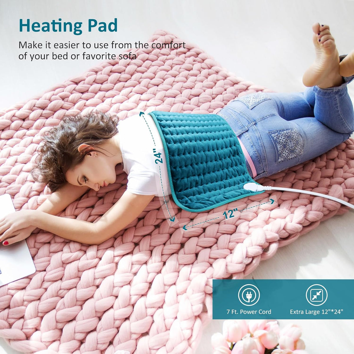 Heating pad for Back/Shoulder/Neck/Abdomen, Heating Pads for Period Cramps with 6 Fast Heating Settings, Auto-Off, Machine Wash, Birthday Gifts for Women Mom Men Dad, Extra Large 12"x24", Blue