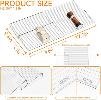 4 Pack Adjustable Narrow Spice Rack for Drawer - Expandable From 9" to 17.7" - Acrylic Drawer Seasoning Organizer,Tiered Clear Spice Tray for Spices,Condiment,Nail Polish and Jar Organization