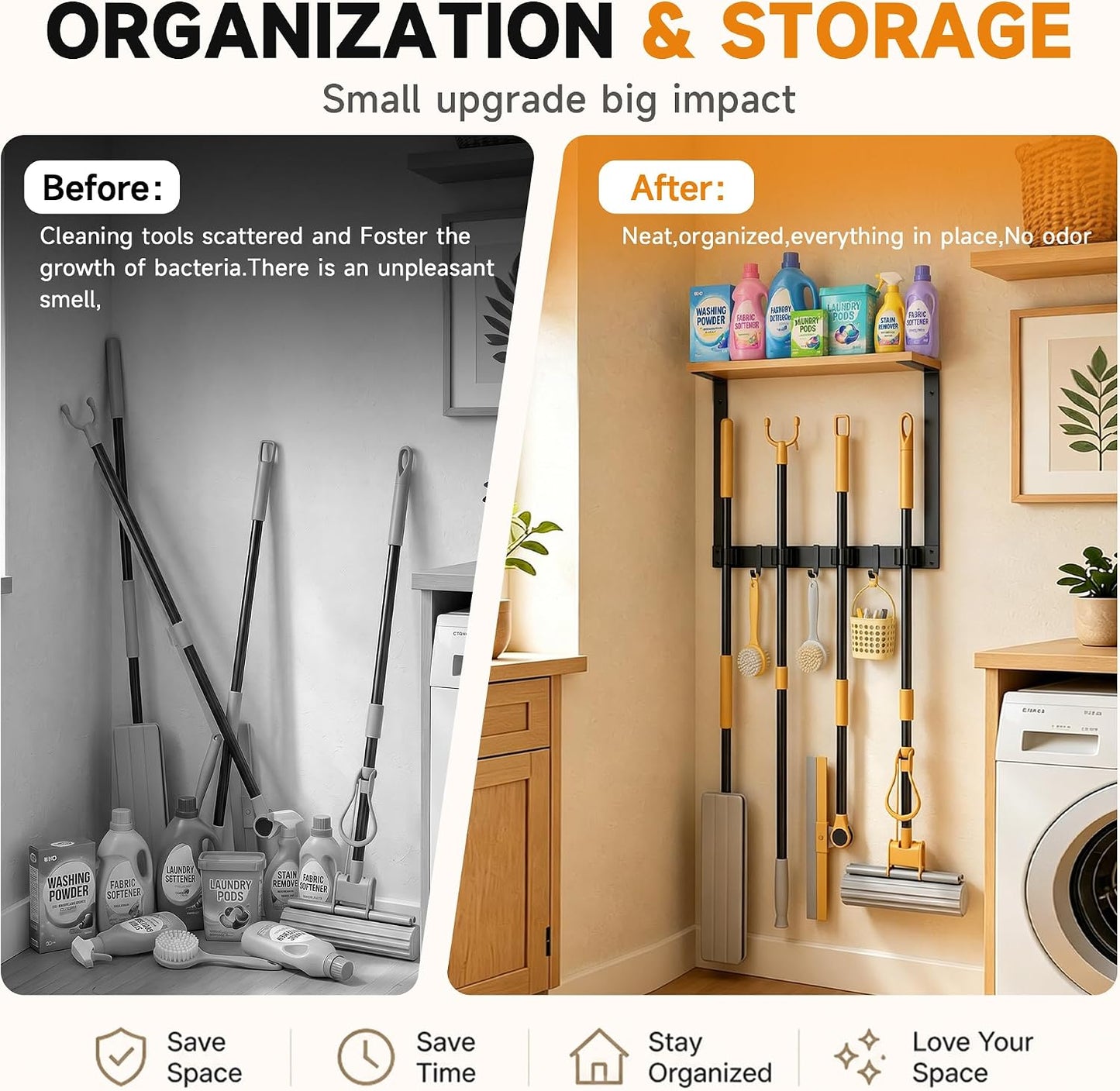 Broom Holder Wall Mount, Broom and Mop Organizer Wall Hanging with Solid Wood Frame,Organizer Rack Built with 4 Grippers & 3 Hooks; Broom Hanger Wall Mount for Laundry Room, Garages and Storage Room