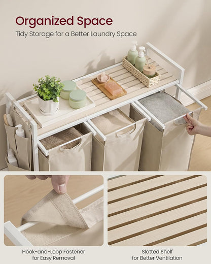 VASAGLE Laundry Hamper, Laundry Basket Sorter with 3 Pull-Out and Removable Bags, Shelf, Metal Frame, 3 x 10.6 Gallons (40 L), 36.4 x 13 x 28.4 Inches, Cappuccino Beige and Natural Beige UBLH301LH01